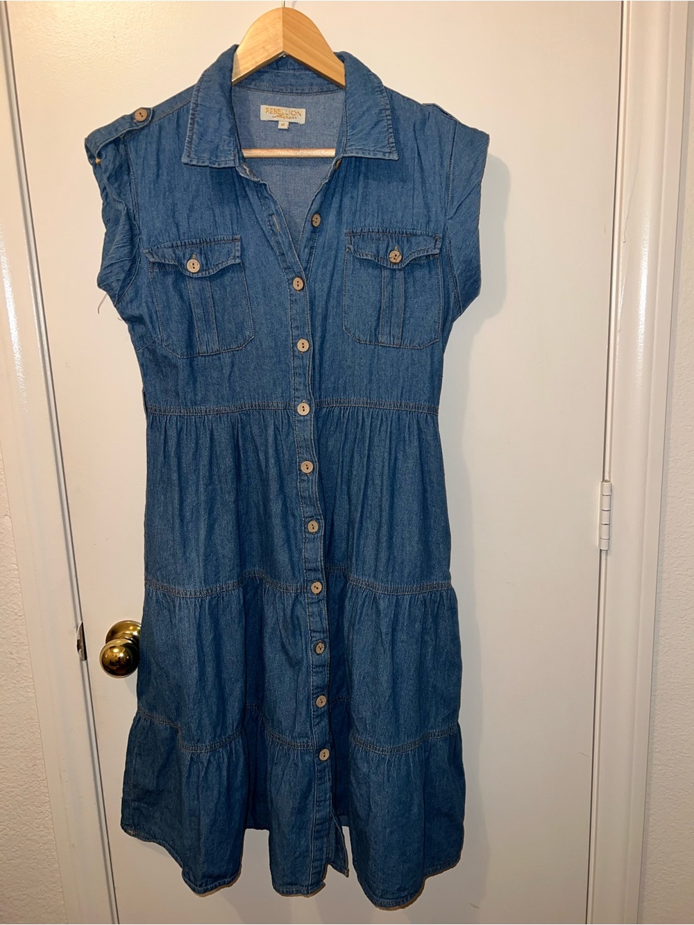 Rebellion Denim Tiered Button Front Midi Dress Size M - Picture 2 of 3
